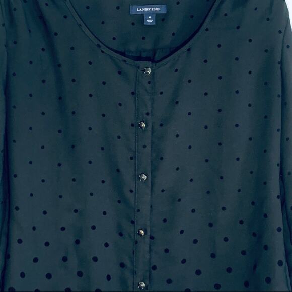 Lands End Blouse Top Black on Black Polka Dot Button Front Long Sleeve Size 4 - Picture 3 of 8